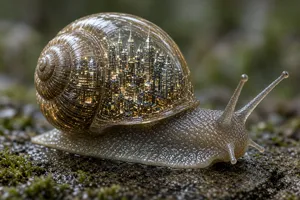 A snail whose shell contains a miniature city skyline, depicted in a hyperrealistic macro photography style with intricate architectural details and ambient lighting. - XAI Grok Imagine 2.0 (Preview)