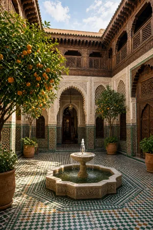 A traditional Moroccan riad courtyard with detailed zellige tilework, flowing fountain, citrus trees, and ornate woodwork. Morning light casting intricate shadow patterns. - XAI Grok Imagine 2.0 (Preview)
