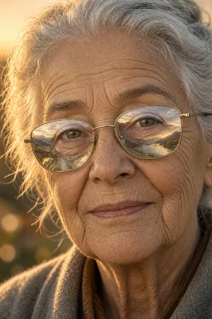 A ultra high-resolution portrait of an elderly woman with silver hair and bifocal glasses, each lens reflecting a distant landscape, captured in warm late-afternoon sunlight - XAI Grok Imagine 2.0 (Preview)