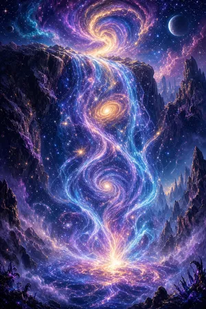 A waterfall that pours out stars and galaxies instead of water, illustrated in a cosmic fantasy style with vibrant space colors and dramatic lighting effects. - XAI Grok Imagine 2.0 (Preview)