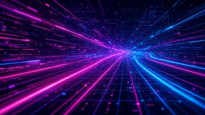Abstract background graphic, cyberpunk aesthetic, neon pink/blue light trails on dark grid, sense of digital speed, for desktop wallpaper. - XAI Grok Imagine 2.0 (Preview)