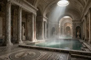 An ancient Roman bathhouse interior with accurate architectural details - marble columns, mosaic floors, arched ceilings, and steam rising from pools. Natural light from oculus openings. - XAI Grok Imagine 2.0 (Preview)