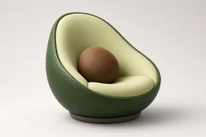 An armchair designed in the shape of an avocado, presented in a contemporary product photography style with professional studio lighting against a minimalist background. - XAI Grok Imagine 2.0 (Preview)