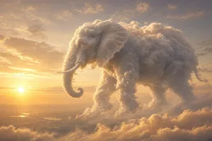 An elephant made of clouds floating in a sunset sky, rendered in a surrealist photorealistic style with ethereal golden lighting and atmospheric depth. - XAI Grok Imagine 2.0 (Preview)