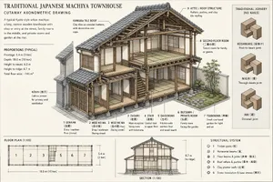 Cutaway architectural drawing of a traditional Japanese machiya townhouse showing all rooms and structural elements. Include accurate proportions, traditional joinery, and typical spatial organization. - XAI Grok Imagine 2.0 (Preview)
