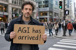 Photorealistic daytime street photograph, clearly showing a man standing still on a busy urban street corner holding a rectangular cardboard sign clearly facing camera, handwritten bold black marker text clearly readable as 