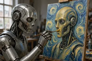 Photorealistic image of a robot painting a realistic self-portrait (i.e. the robot) on canvas, mimicking Van Gogh’s art style; clear, realistic metallic textures and painting details visible - XAI Grok Imagine 2.0 (Preview)