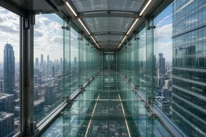Photorealistic rendering of a contemporary glass skybridge between two skyscrapers, seen from inside with city views visible through glass walls and floor. Show accurate reflections and structural details. - XAI Grok Imagine 2.0 (Preview)