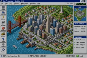 Pixel art cityscape of San Francisco in the iconic SimCity 2000 style, isometric view, detailed skyscrapers, residential areas, clearly identifiable Golden Gate Bridge, Coit Tower, Transamerica Pyramid, surrounded by the classic SimCity 2000 UI elements - XAI Grok Imagine 2.0 (Preview)