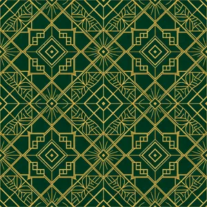Seamless geometric pattern, Art Deco style, gold lines on deep emerald green background, high resolution texture for print. - XAI Grok Imagine 2.0 (Preview)