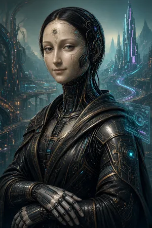 The Mona Lisa reimagined as a futuristic android, rendered in a digital art style that preserves Da Vinci's composition while incorporating sleek cyberpunk aesthetics and technological elements. - XAI Grok Imagine 2.0 (Preview)