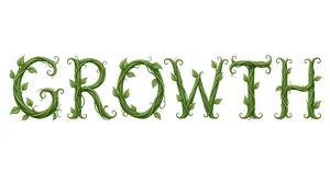 The word 'GROWTH' visualized using stylized plant vines organically forming the letters, green tones, white background, graphic design. - XAI Grok Imagine 2.0 (Preview)
