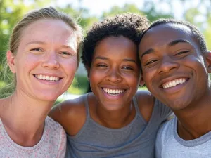 A group selfie of three friends of different ethnic backgrounds smiling at the camera. - XAI Grok 2 Image