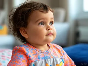 A hyper-realistic photo of a toddler with curly hair and big eyes, looking upward. - XAI Grok 2 Image