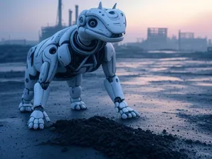 A mechanical creature in a polluted landscape. Capture the visual aesthetic of 'Nausicaä' by Studio Ghibli, with Miyazaki's mechanical designs and environmental contrast. - XAI Grok 2 Image