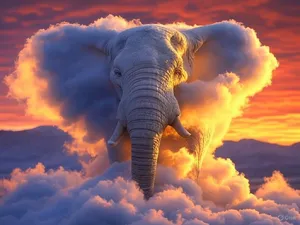 An elephant made of clouds floating in a sunset sky, rendered in a surrealist photorealistic style with ethereal golden lighting and atmospheric depth. - XAI Grok 2 Image