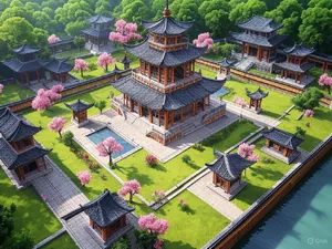 Isometric architectural illustration of an ancient Chinese temple complex showing multiple pavilions, gardens, and ceremonial spaces. Include proper roof structures and traditional ornamentation. - XAI Grok 2 Image