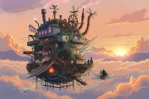 A flying castle floating in clouds at sunrise. Match the visual aesthetic of 'Howl's Moving Castle' by Studio Ghibli, with Miyazaki's blend of steampunk elements and fantasy. - XAI Grok Imagine (Quality)