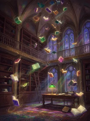 A library where the books are glowing and floating in mid-air, illustrated in a magical realism style with dramatic lighting and rich atmospheric colors. - XAI Grok Imagine (Quality)