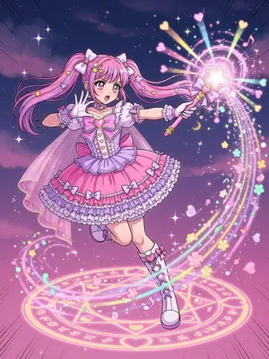 A magical girl character in a frilly dress, casting a spell (classic anime trope). - XAI Grok Imagine (Quality)