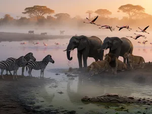 A misty dawn at an African savanna watering hole where elephants, lions, and zebras coexist in tense harmony, with a crocodile partially submerged in the foreground and flamingos taking flight in the background, golden hour lighting. - XAI Grok Imagine (Quality)