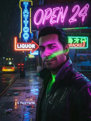 A nighttime portrait of a man lit by neon signs on a city street. - XAI Grok Imagine (Quality)