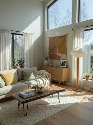 A photorealistic interior of a modern Scandinavian-style living room with natural light streaming through floor-to-ceiling windows. Show detailed wood textures, fabric materials, and proper light reflections. - XAI Grok Imagine (Quality)