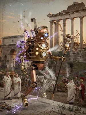 A steampunk robot time-traveling in ancient Rome, depicted in a detailed cinematic style that blends historical accuracy with copper and brass retrofuturistic aesthetics. - XAI Grok Imagine (Quality)