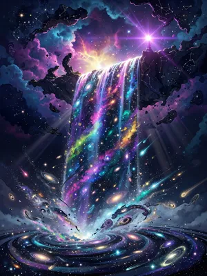 A waterfall that pours out stars and galaxies instead of water, illustrated in a cosmic fantasy style with vibrant space colors and dramatic lighting effects. - XAI Grok Imagine (Quality)