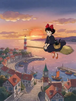 A young witch flying on a broomstick above a coastal town at sunset. Exact art style of 'Kiki's Delivery Service' by Studio Ghibli, with Miyazaki's character design and warm colors. - XAI Grok Imagine (Quality)