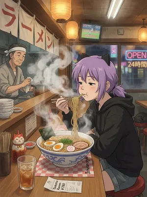 An anime scene of a character eating ramen at a small shop counter (slice-of-life style). - XAI Grok Imagine (Quality)