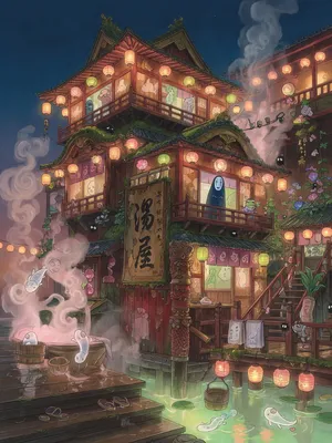 An enchanted bathhouse with glowing lanterns and spirits. Recreate the visual style of 'Spirited Away' by Studio Ghibli, with Miyazaki's ornate architecture and magical atmosphere. - XAI Grok Imagine (Quality)