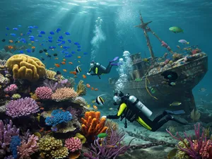 An underwater scene with scuba divers exploring a coral reef alongside colorful fish and a sunken ship. - XAI Grok Imagine (Quality)