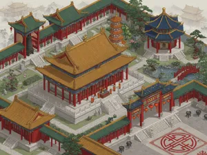 Isometric architectural illustration of an ancient Chinese temple complex showing multiple pavilions, gardens, and ceremonial spaces. Include proper roof structures and traditional ornamentation. - XAI Grok Imagine (Quality)