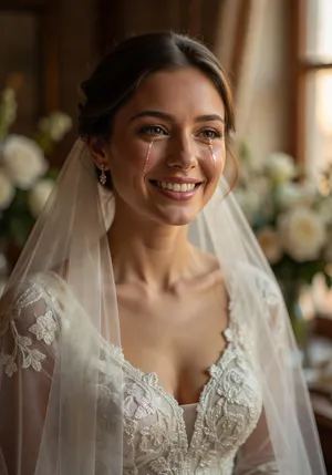 A bride on her wedding day, smiling with tears of joy in her eyes. - XAI Grok Imagine