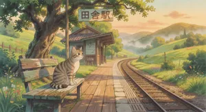 A countryside train station with a cat waiting on a bench. Rendered in Studio Ghibli animation style with Miyazaki's watercolor backgrounds and hand-drawn quality. - XAI Grok Imagine