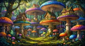 A forest of giant mushrooms with houses built on top of them, rendered in a whimsical Studio Ghibli-inspired art style with vibrant colors and fantastical details. - XAI Grok Imagine