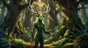 A forest spirit standing among tall trees. Replicate the artistic style of 'Princess Mononoke' by Studio Ghibli, with Miyazaki's detailed environments and mystical creature design. - XAI Grok Imagine