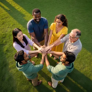 A group of five people joining hands in a circle, seen from above. - XAI Grok Imagine
