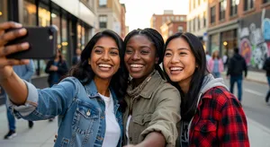 A group selfie of three friends of different ethnic backgrounds smiling at the camera. - XAI Grok Imagine
