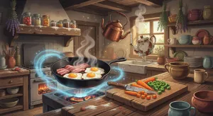 A kitchen with magical cooking implements preparing breakfast. Duplicate the artistic style of Studio Ghibli's domestic scenes, with Miyazaki's detailed settings and warm lighting. - XAI Grok Imagine