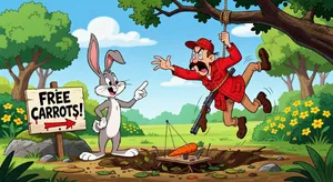 A Looney Tunes-inspired cartoon scene of a clever rabbit tricking a hunter. - XAI Grok Imagine