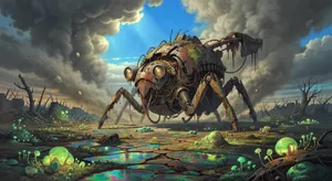 A mechanical creature in a polluted landscape. Capture the visual aesthetic of 'Nausicaä' by Studio Ghibli, with Miyazaki's mechanical designs and environmental contrast. - XAI Grok Imagine