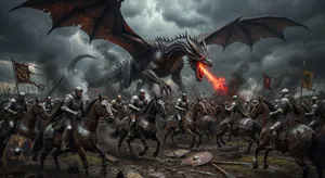 A medieval battlefield with knights on horseback and a dragon flying overhead. - XAI Grok Imagine