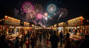 A nighttime festival with fireworks in the sky, food stalls lined up, and crowds mingling. - XAI Grok Imagine