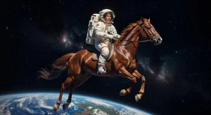 A realistic astronaut being ridden by a horse, photorealistic depiction in outer space with accurate lighting and proportions - XAI Grok Imagine