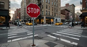 A red stop sign on a street corner displaying the word 