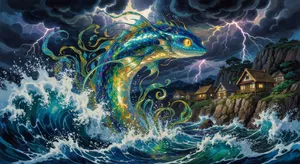 A sea creature rising from a stormy ocean near a village. Replicate the visual style of 'Ponyo' by Studio Ghibli, with Miyazaki's fluid water animations and vibrant creatures. - XAI Grok Imagine