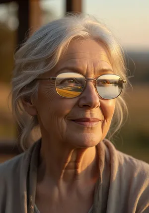 A ultra high-resolution portrait of an elderly woman with silver hair and bifocal glasses, each lens reflecting a distant landscape, captured in warm late-afternoon sunlight - XAI Grok Imagine