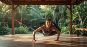 A yoga practitioner in a complex pose, arms and legs fully extended (full-body view). - XAI Grok Imagine